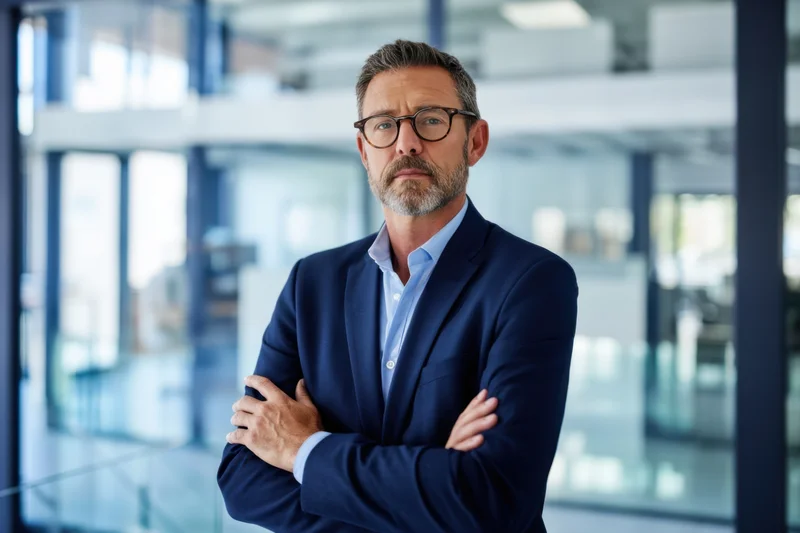 Confident businessman in navy suit with arms crossed standing in modern office interior