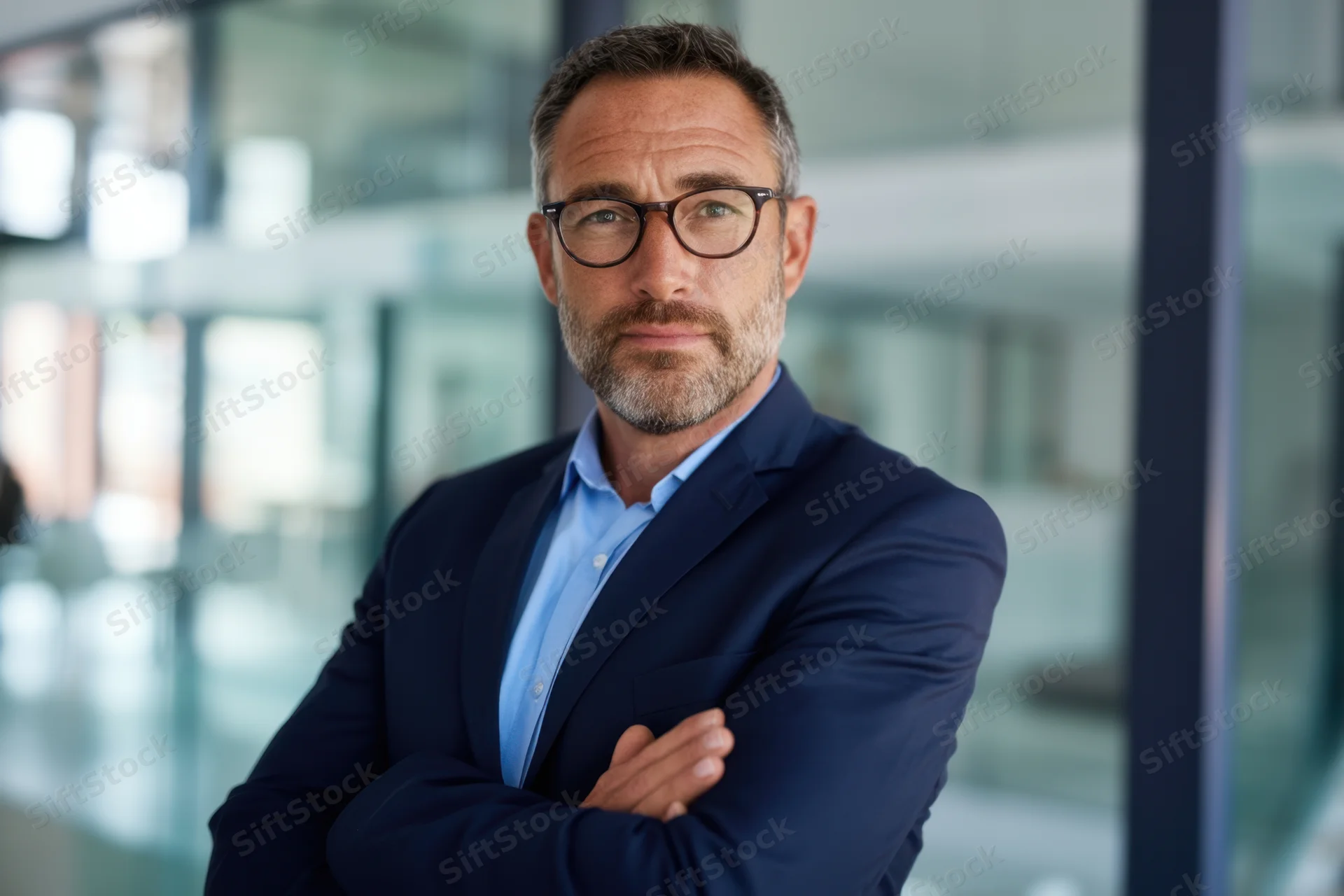 Confident businessman in navy suit with arms crossed in modern office interior
