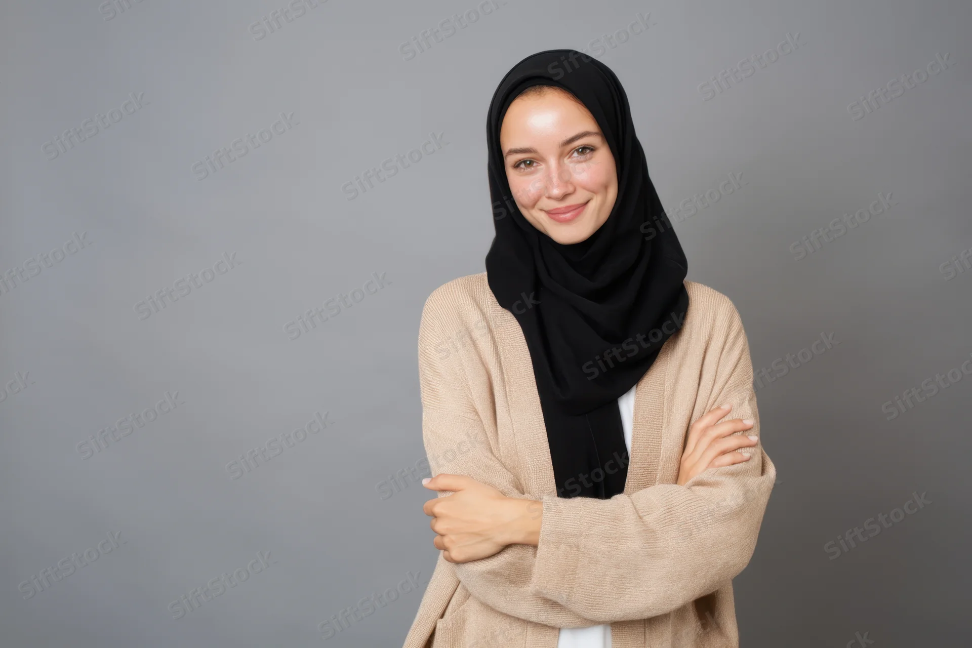 Woman in black hijab and beige cardigan smiling with arms crossed in studio