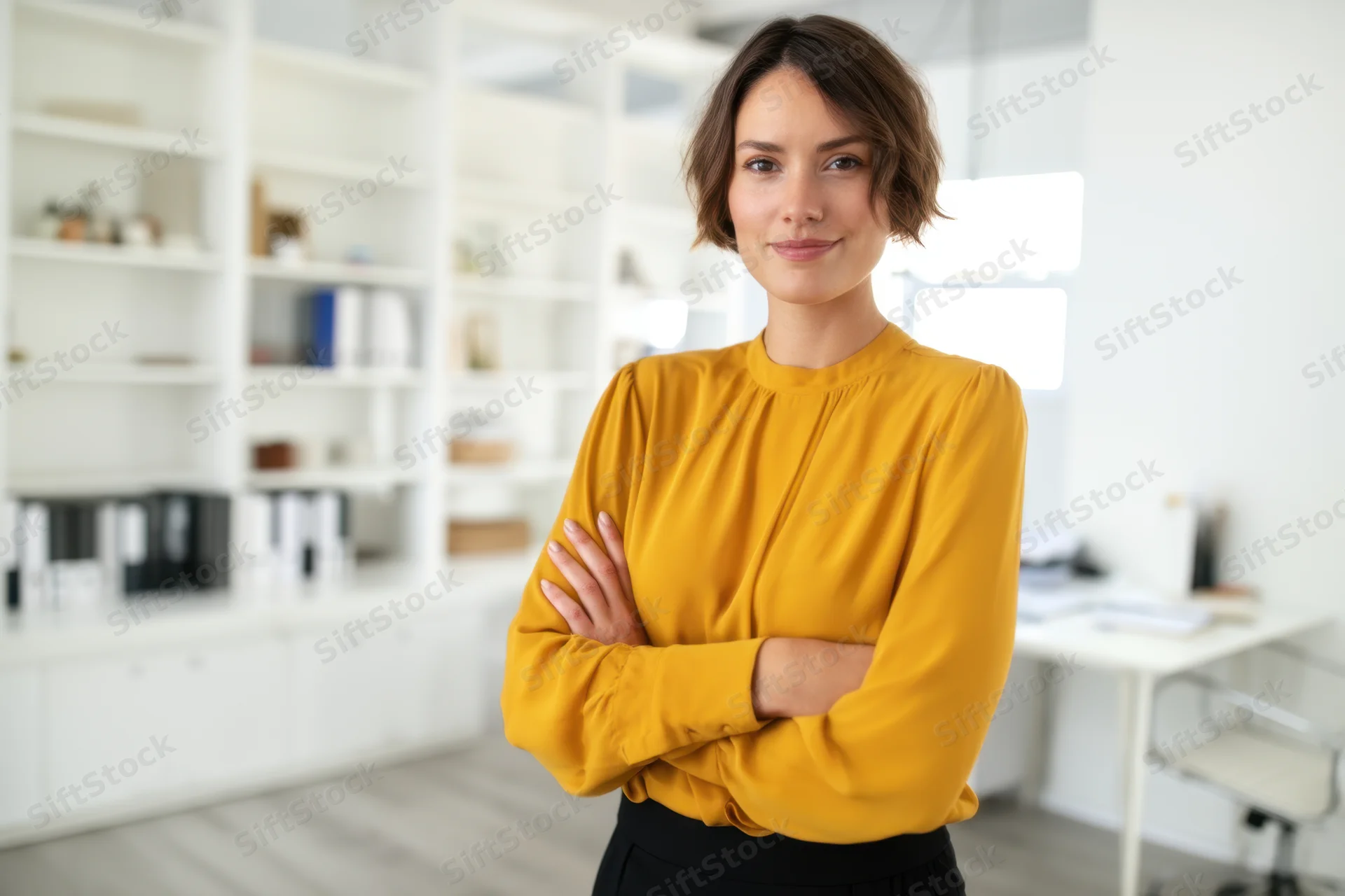 Confident woman with arms crossed standing in a modern office space