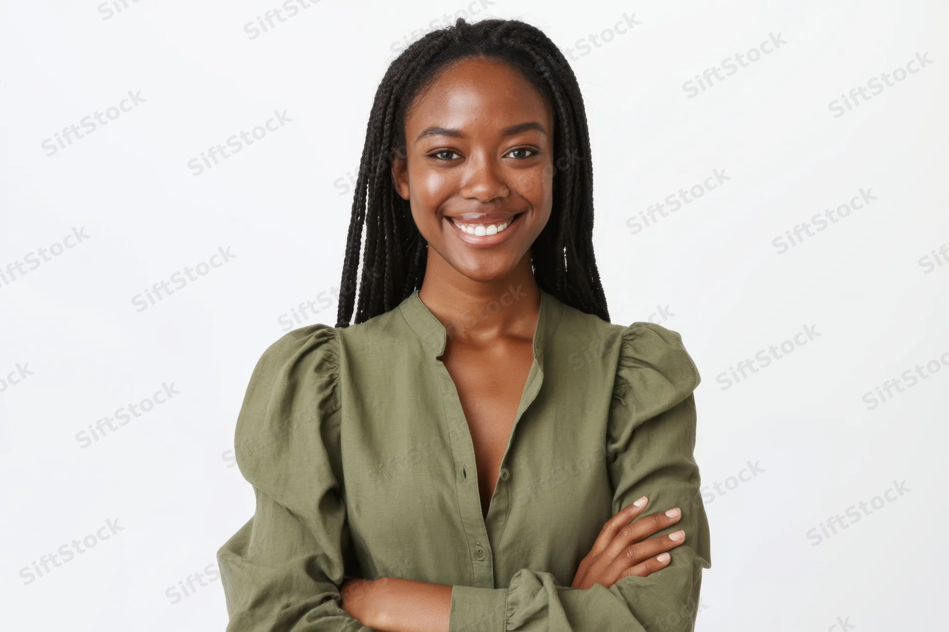 Young black woman smiling with arms crossed in green blouse against white background