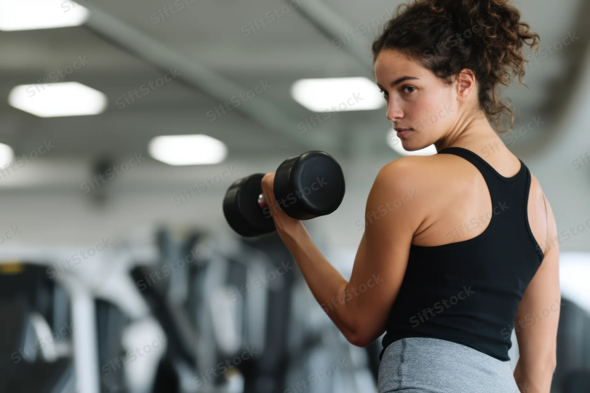 Woman lifting dumbbell in gym, wearing black tank top and gray leggings, focused expression, side view