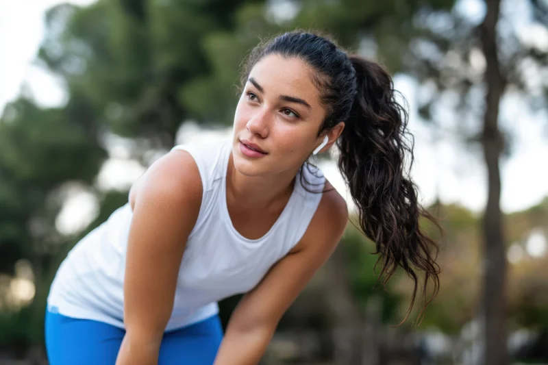 Fit woman bending forward in sportswear during outdoor workout in park