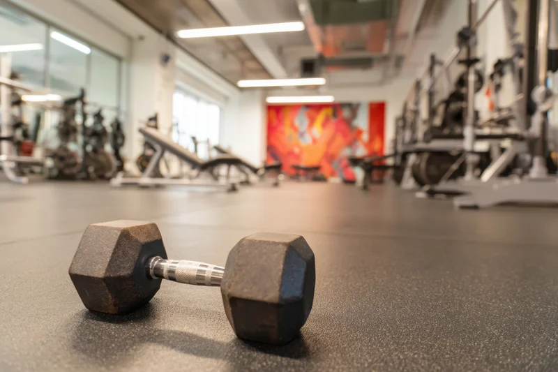 Dumbbell resting on rubber floor in gym interior