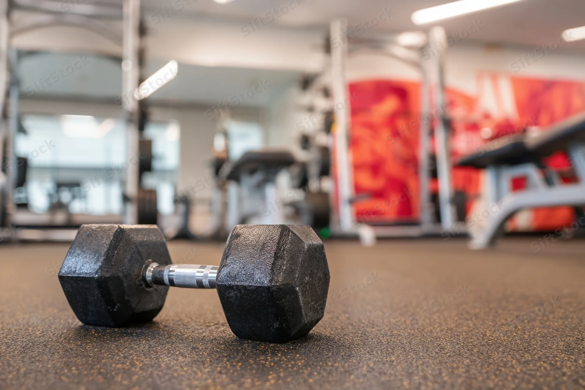 Dumbbell resting on rubber floor in gym interior