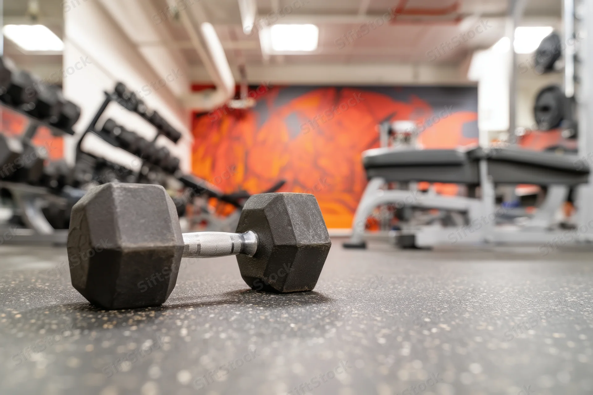 Hexagonal dumbbell resting on rubber floor in gym interior