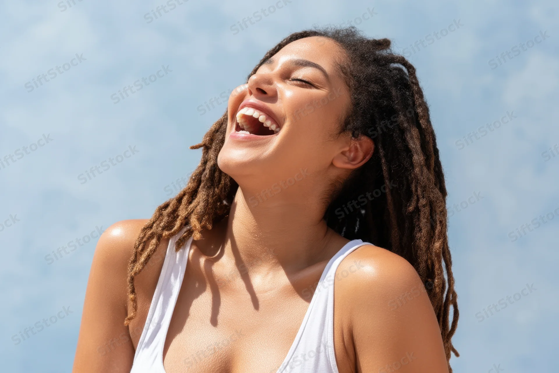 Young woman laughing with head tilted back against blue sky wearing white tank top