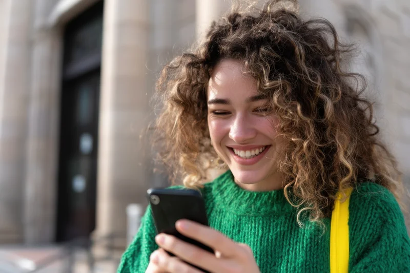 Young woman smiling while using smartphone outdoors in city setting