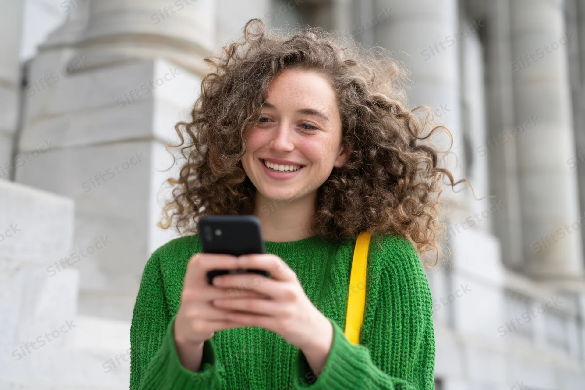 Young woman smiling while using smartphone outdoors in front of stone columns