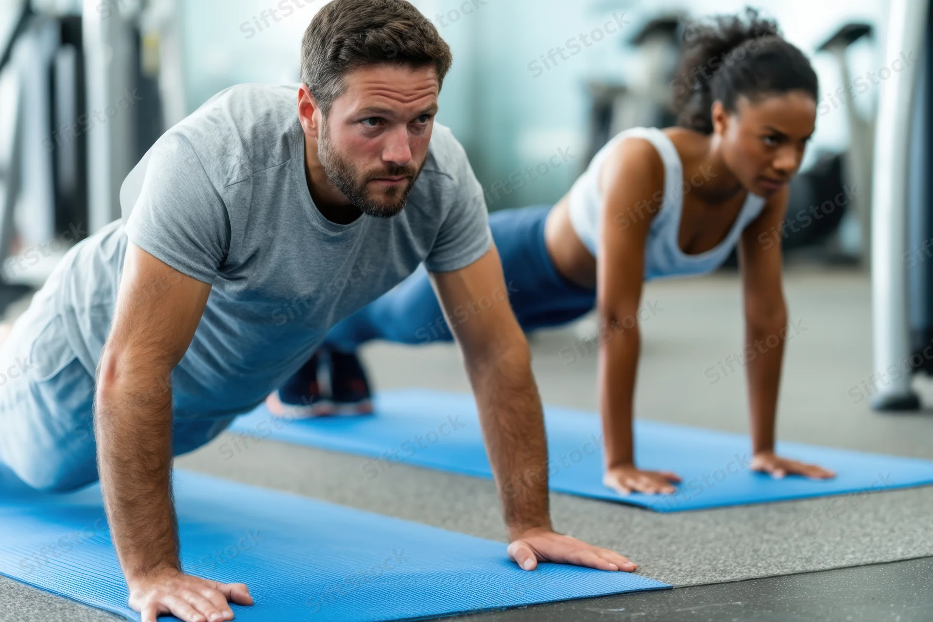 Man and woman doing planks on blue mats in a gym