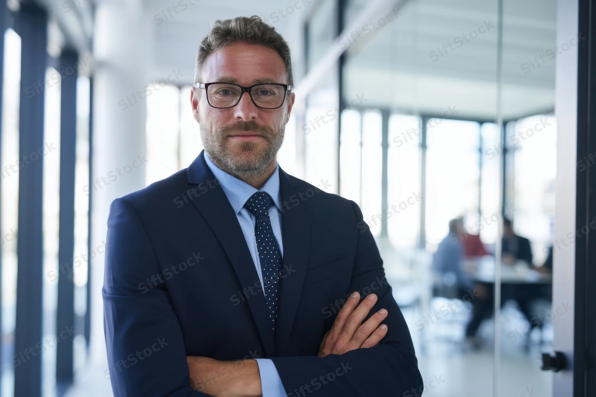 Man in navy suit with arms crossed standing in modern office hallway