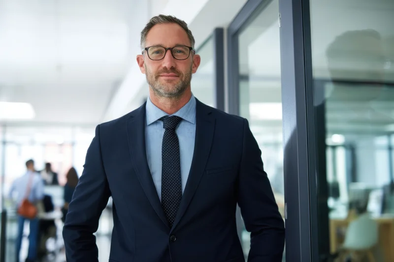 Man in navy suit and glasses standing in office hallway with colleagues in background