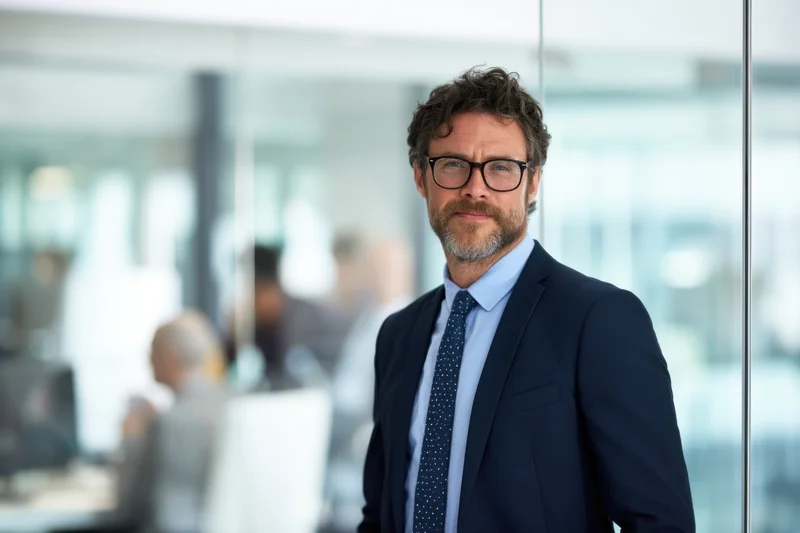 Man in navy suit and glasses standing in modern office with blurred colleagues in background