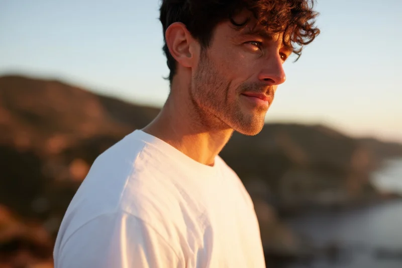 Man in white t-shirt smiling in profile against coastal mountains at sunset