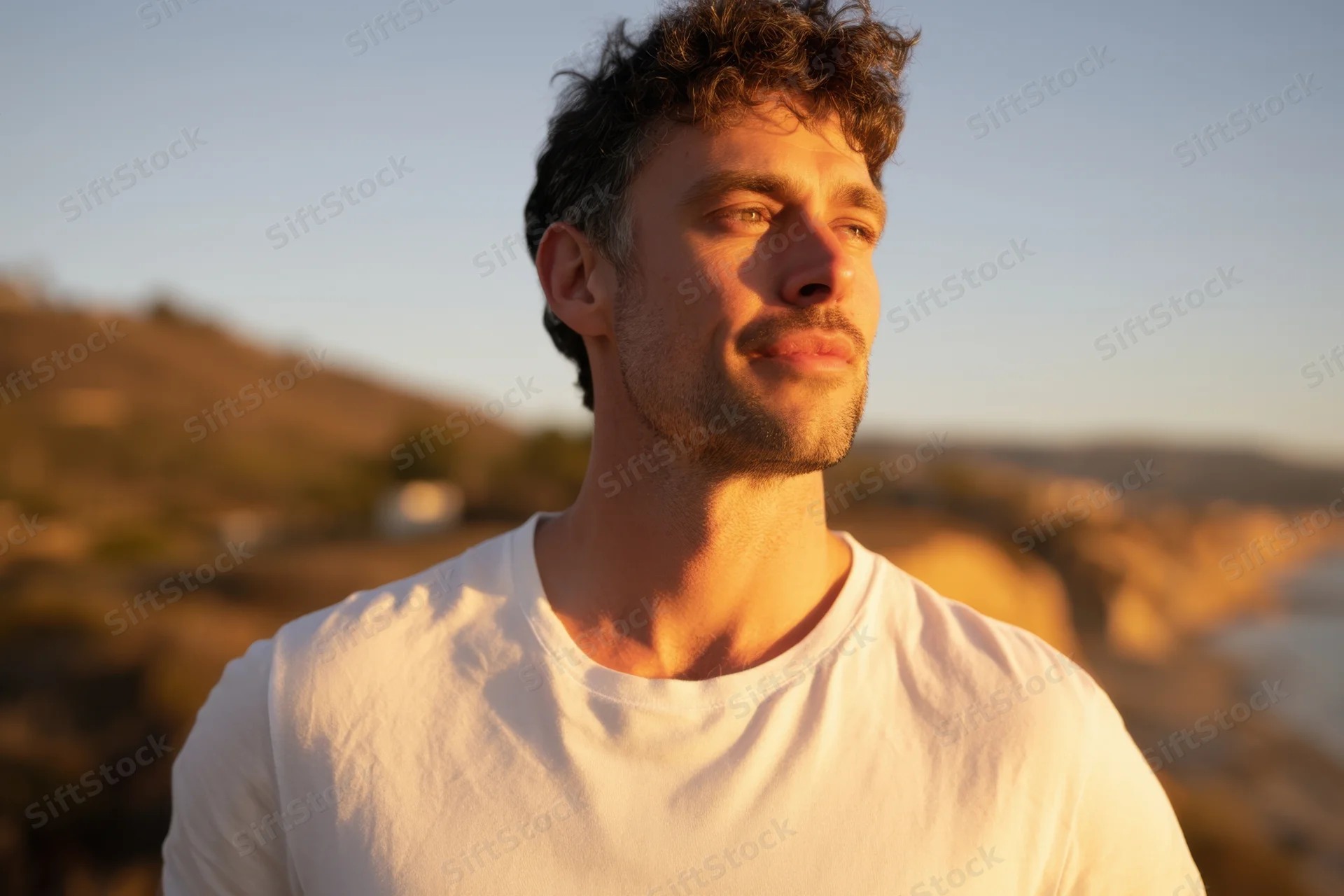 Man in white t-shirt standing outdoors at sunset near the coast
