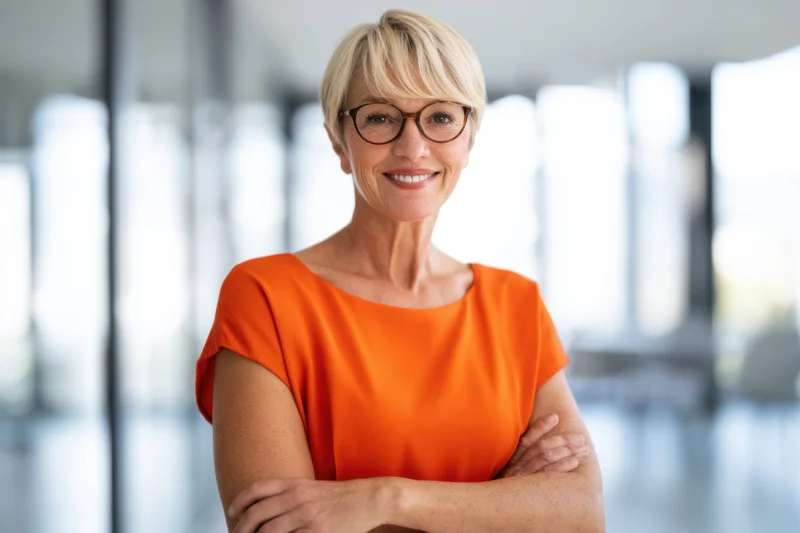Mature woman with short blonde hair and glasses smiling with arms crossed in a modern office interior