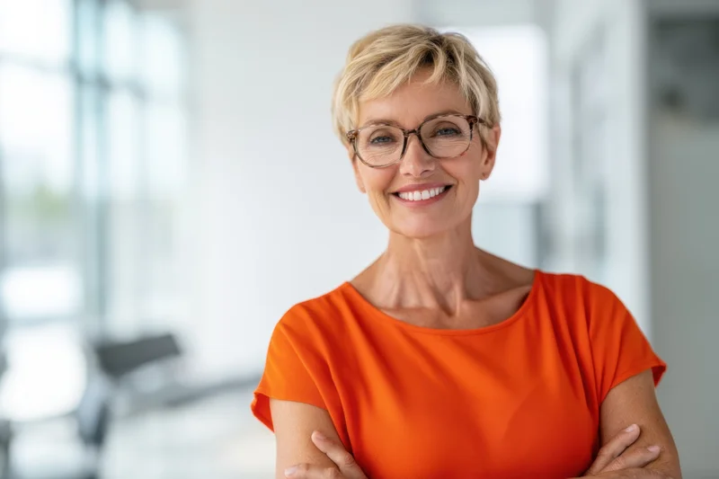 Mature woman with short blonde hair and glasses smiling with arms crossed in a bright modern office