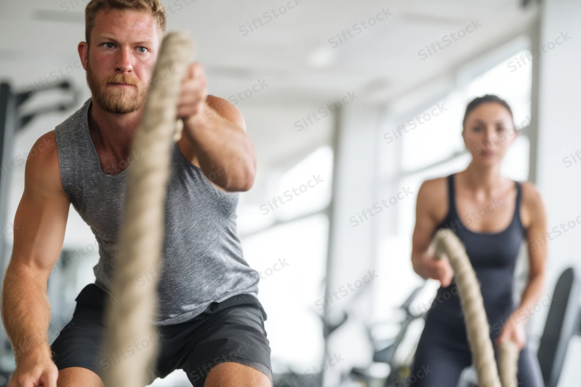 Muscular man and fit woman pulling battle ropes in a gym