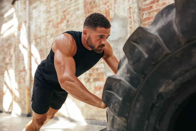 Muscular man pushing large tire in industrial gym space