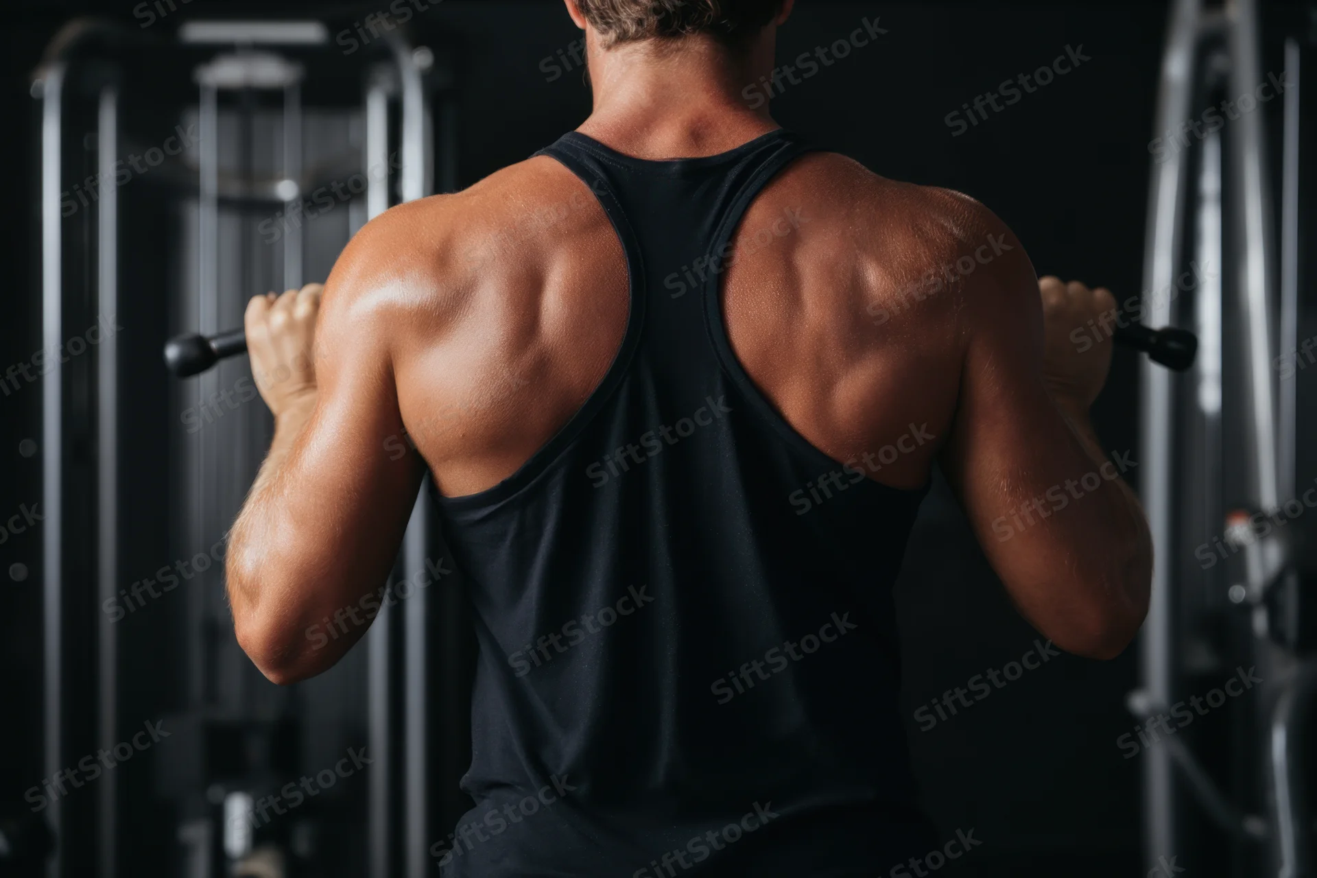 Muscular man from behind gripping cable machine in gym
