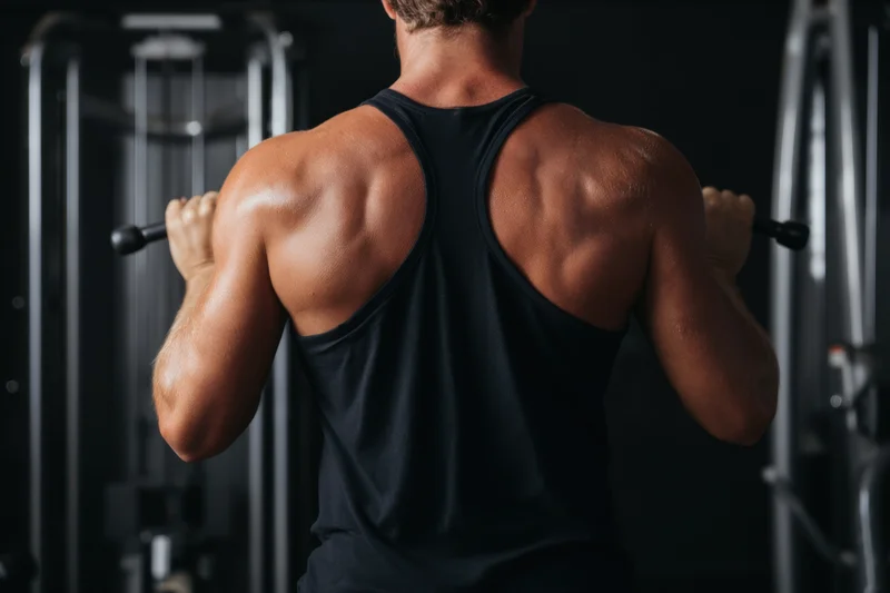 Muscular man from behind gripping cable machine in gym