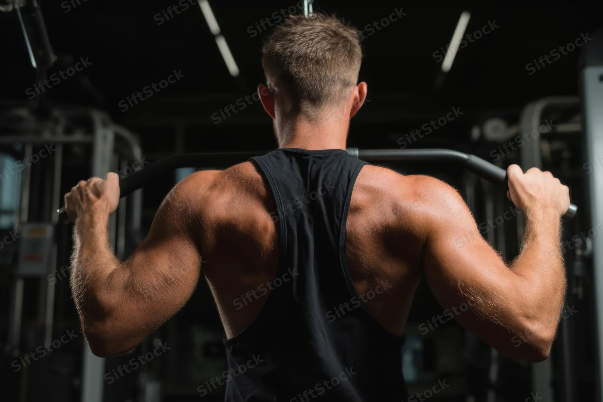 Muscular man from behind gripping cable machine bar in gym