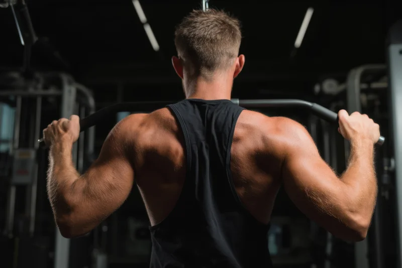 Muscular man from behind gripping cable machine bar in gym