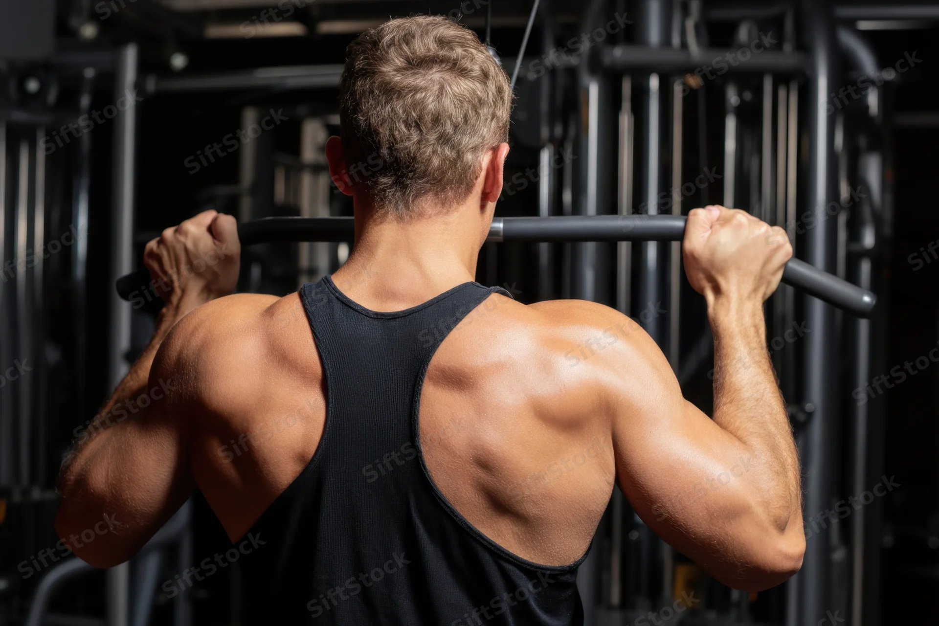 Muscular man from behind gripping cable bar in gym