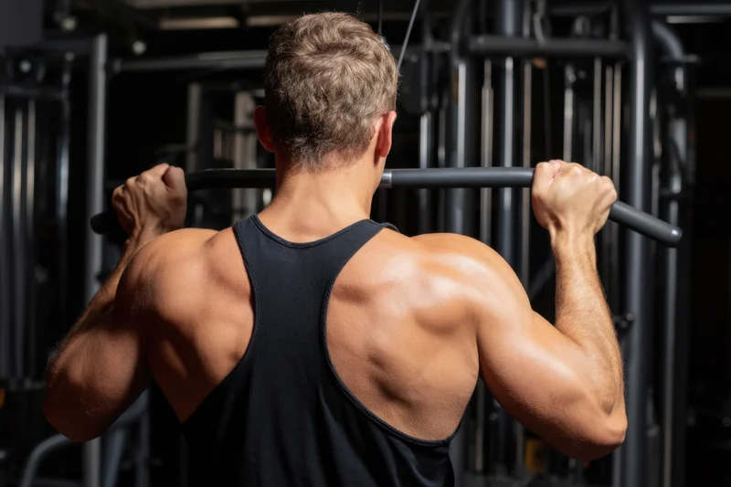 Muscular man from behind gripping cable bar in gym