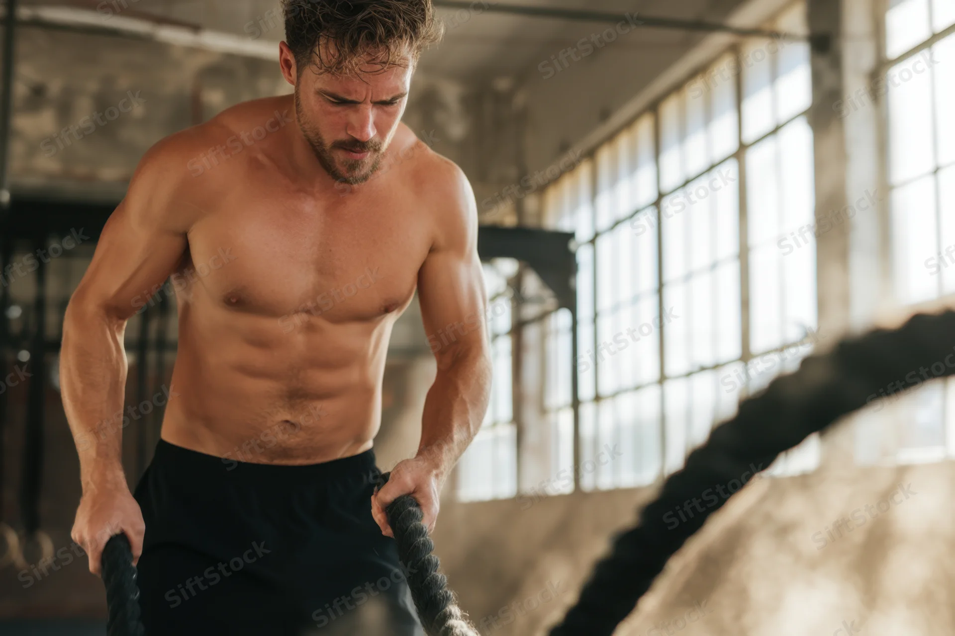 Muscular man gripping battle rope during intense workout in industrial gym