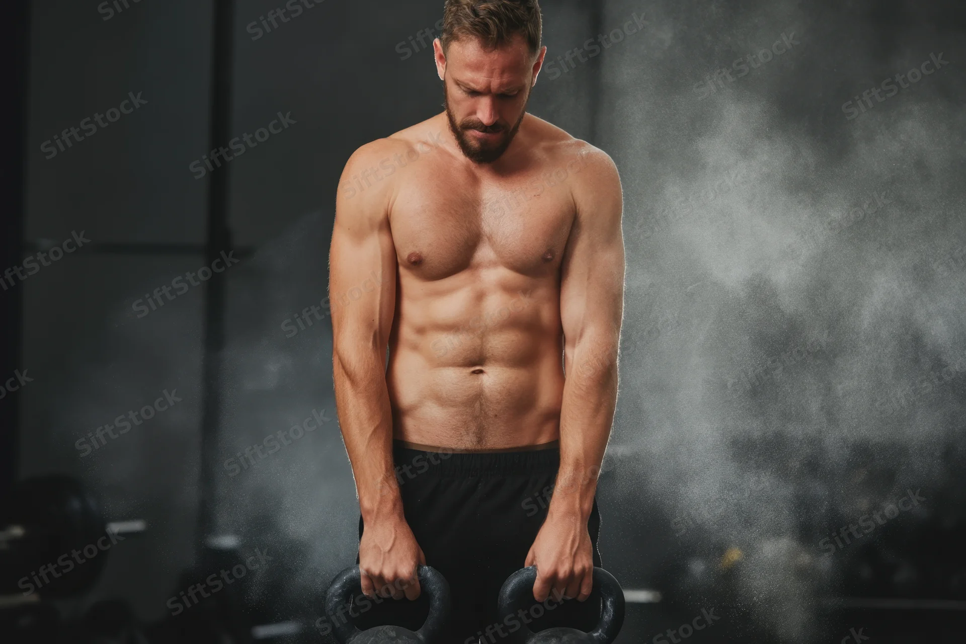 Muscular shirtless man gripping kettlebells in a smoky gym