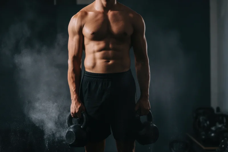 Muscular shirtless man gripping kettlebells in a smoky gym