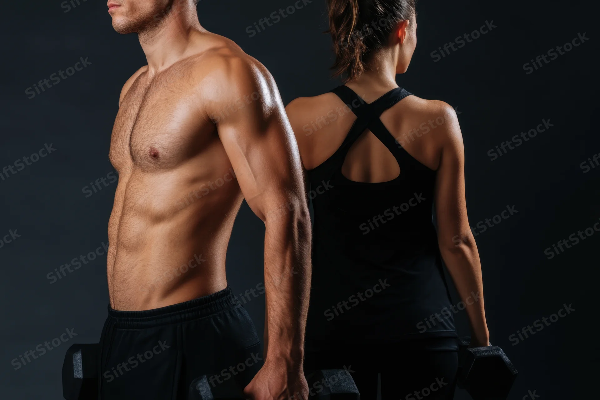 Muscular man and fit woman holding dumbbells in a studio setting