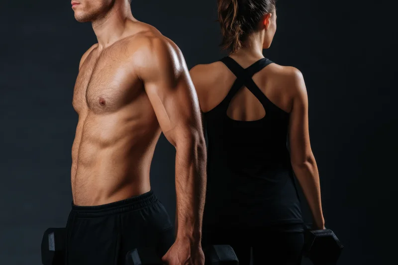Muscular man and fit woman holding dumbbells in a studio setting