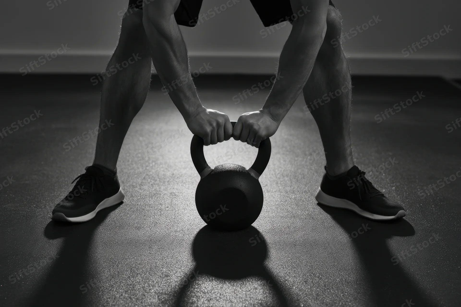 Man gripping kettlebell on gym floor in athletic stance