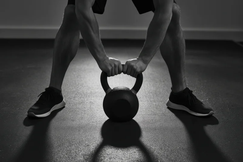 Man gripping kettlebell on gym floor in athletic stance