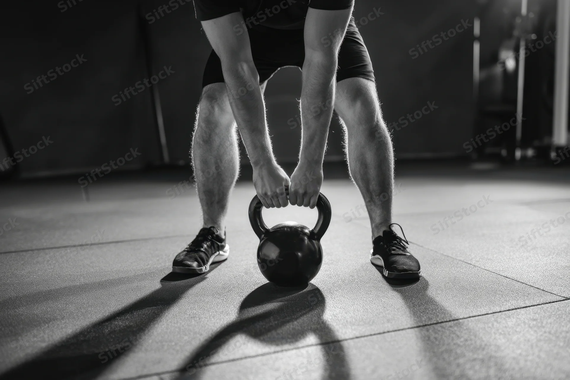 Man gripping kettlebell on gym floor in athletic wear