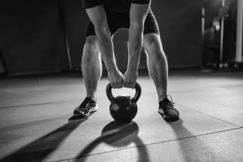 Man gripping kettlebell on gym floor in athletic wear