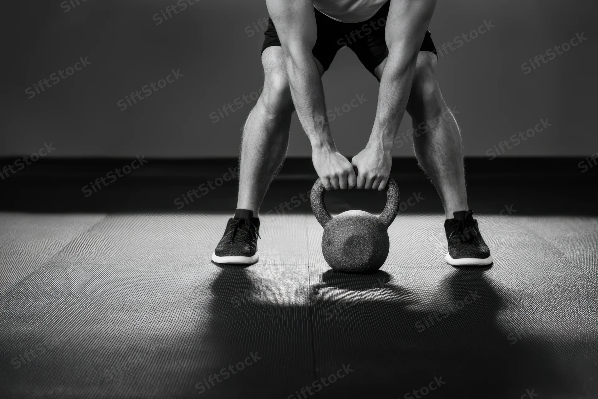 Man gripping kettlebell in low squat position on gym floor