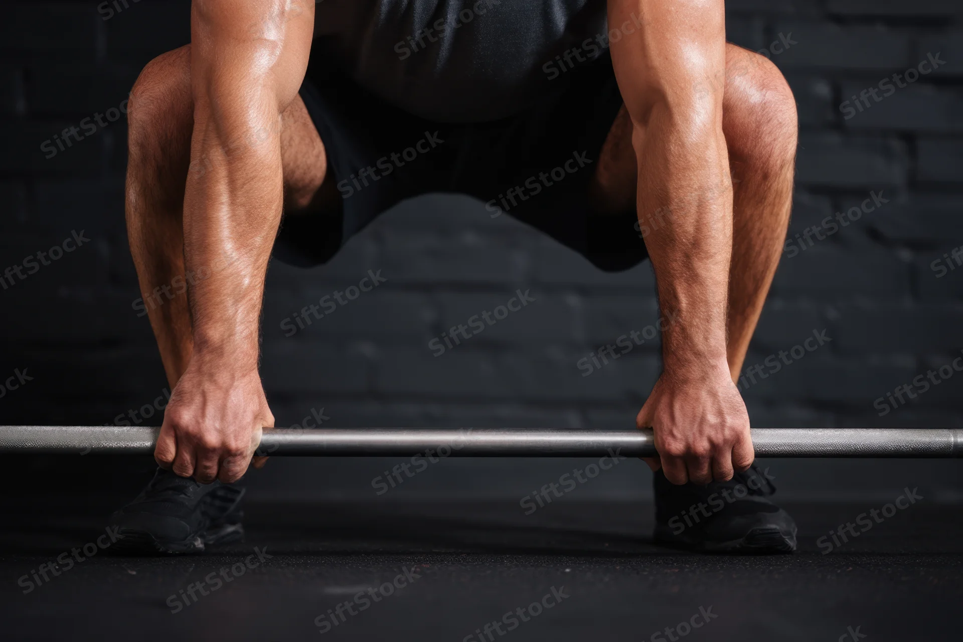 Man performing deadlift with barbell in dim gym