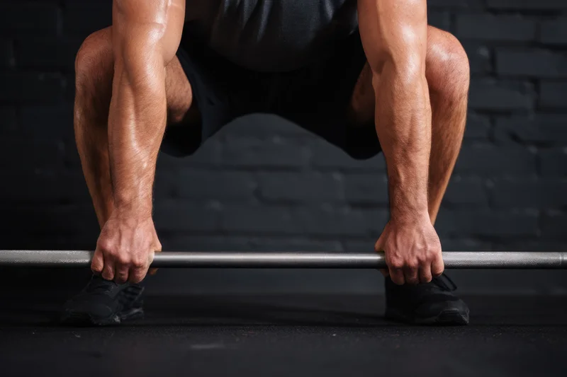 Man performing deadlift with barbell in dim gym