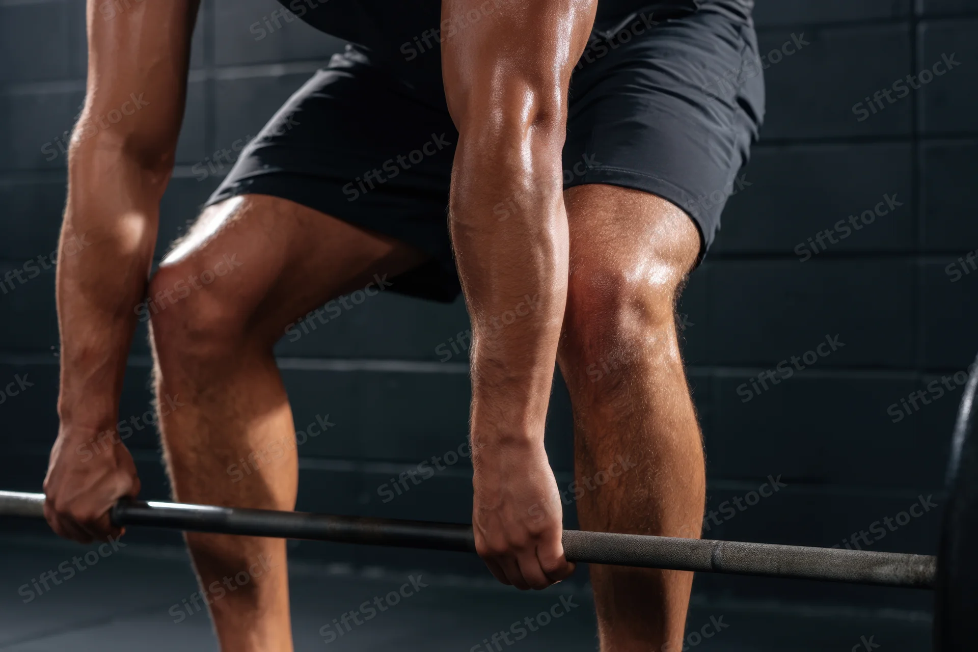 Man performing heavy barbell deadlift in dim gym