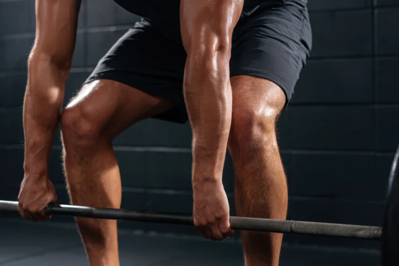 Man performing heavy barbell deadlift in dim gym