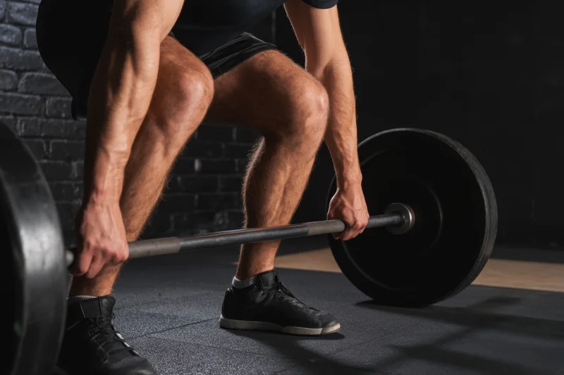 Man performing deadlift with barbell in dim gym
