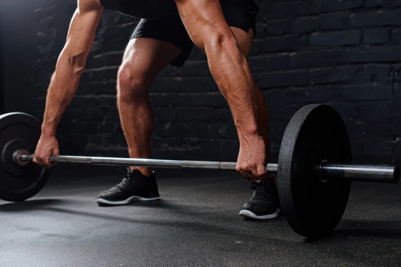 Man performing heavy barbell deadlift in dim gym