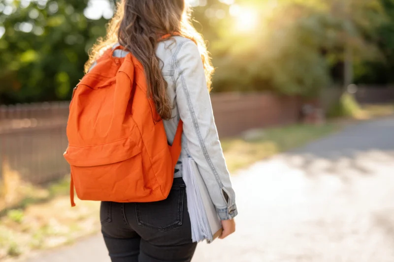 Woman with orange backpack walking along a path outdoors carrying books