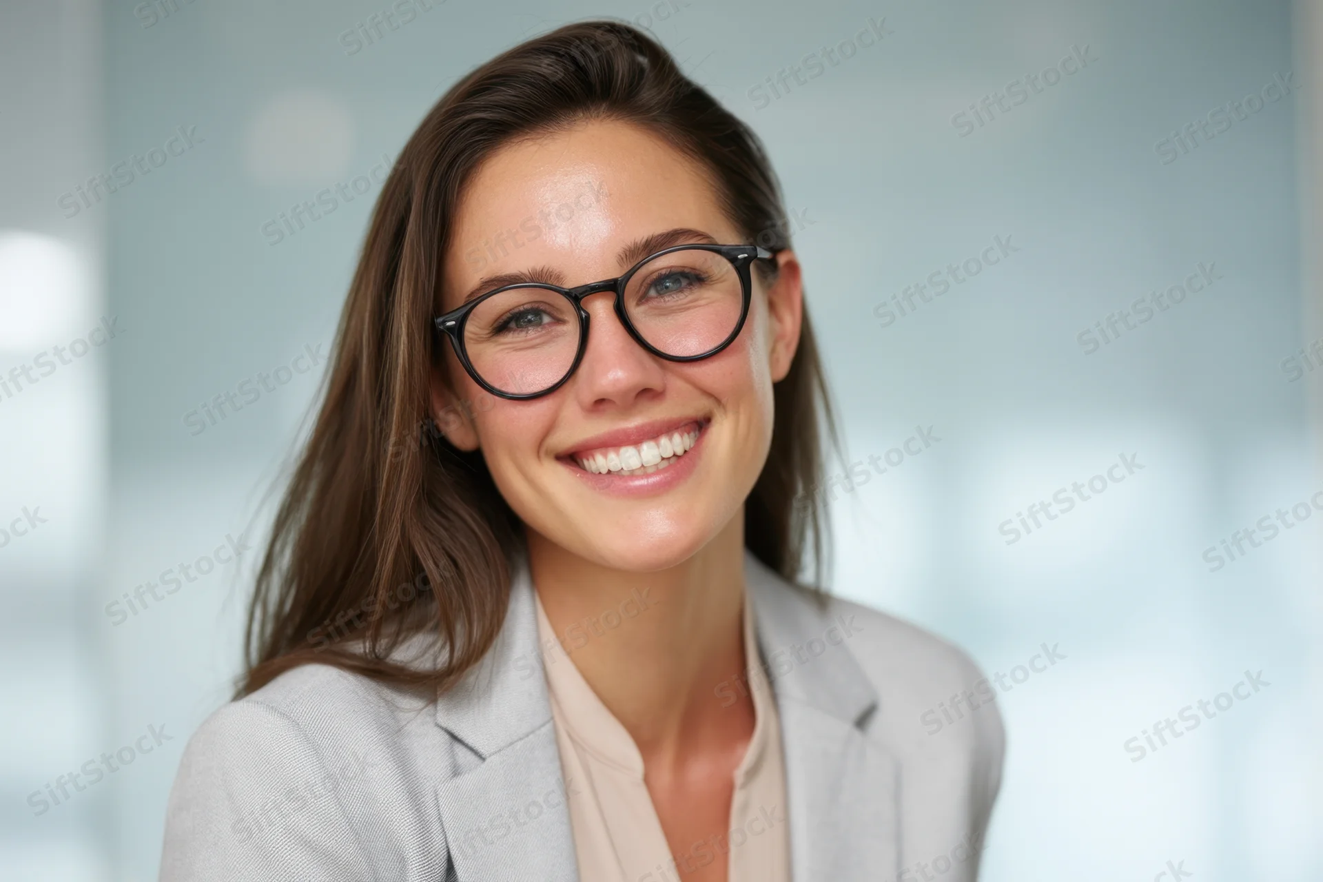 Smiling professional woman in blazer and glasses in office setting
