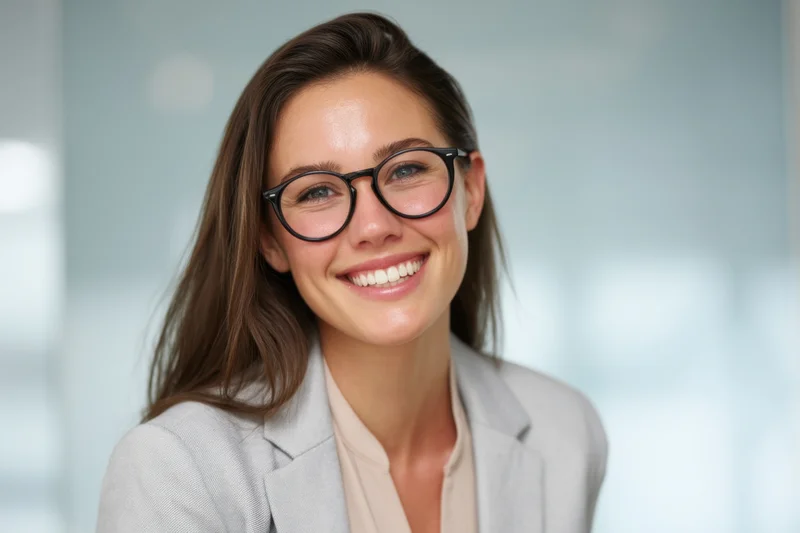Smiling professional woman in blazer and glasses in office setting