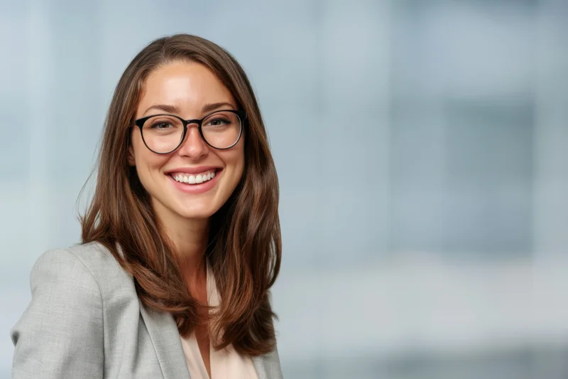 Smiling professional woman in blazer and glasses posing in office interior