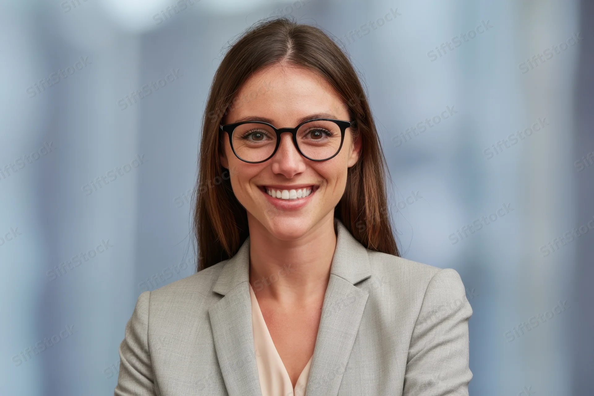 Smiling professional woman in beige blazer and black glasses posing for portrait in office setting